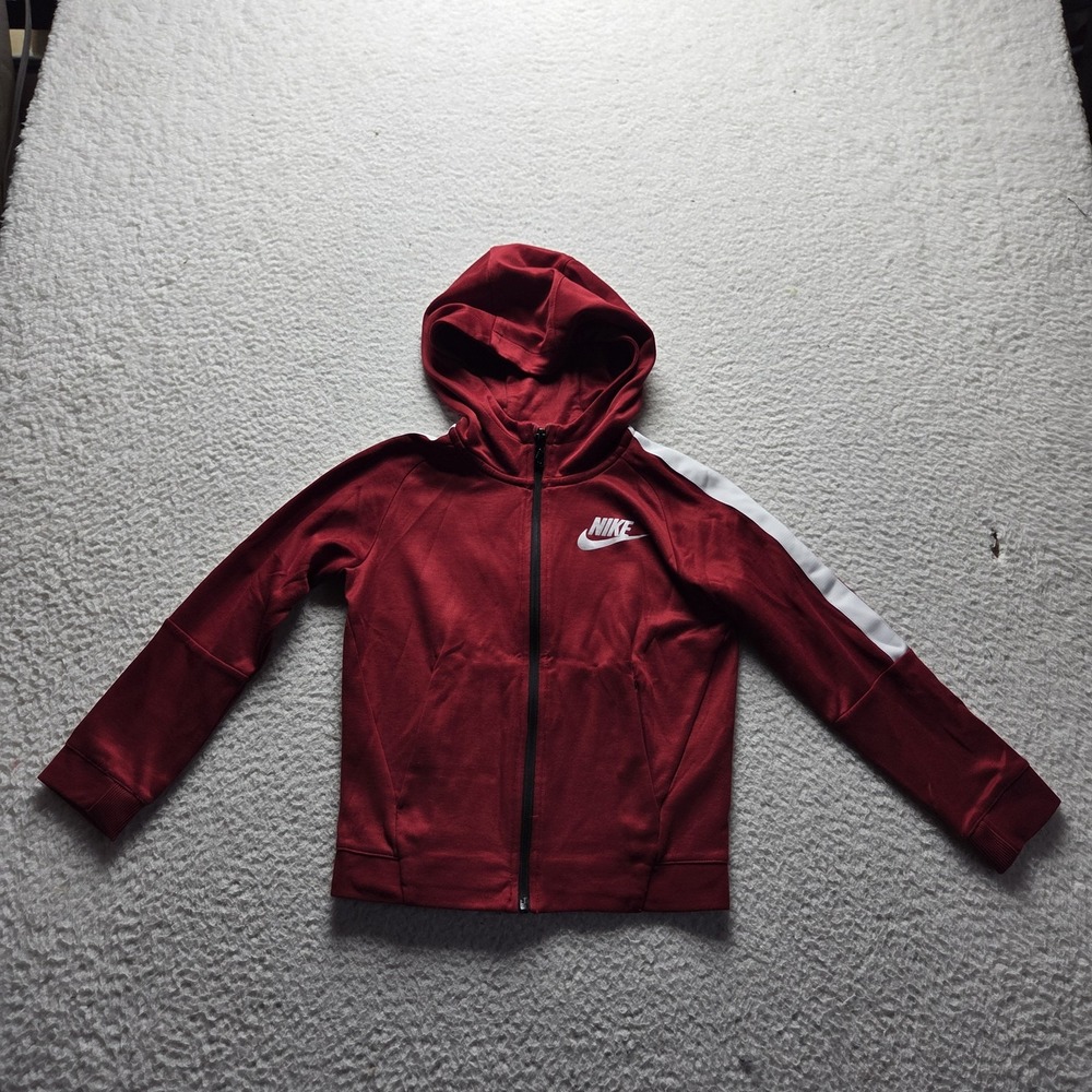 Nike Sweatshirt Kids 6-7 Red Full Zip Hoodie Fleece Stripe Sleeve Swoosh Logo